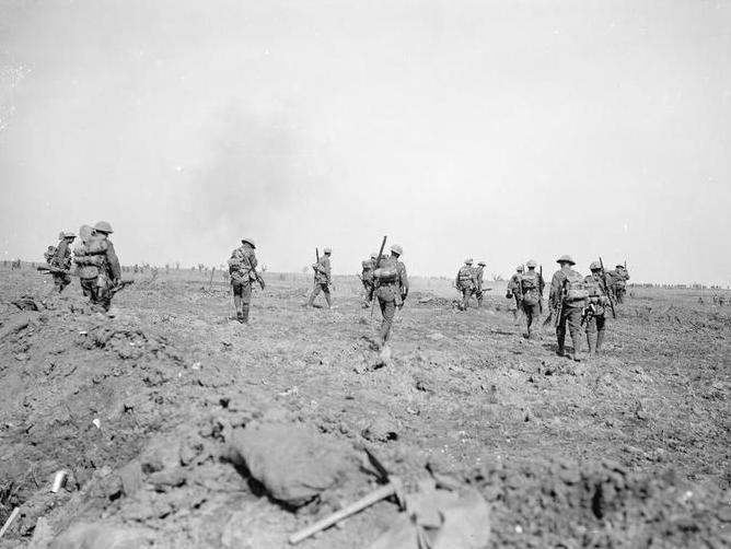 British troops moving up to the attack during the Battle of Morval, 25 September 1916