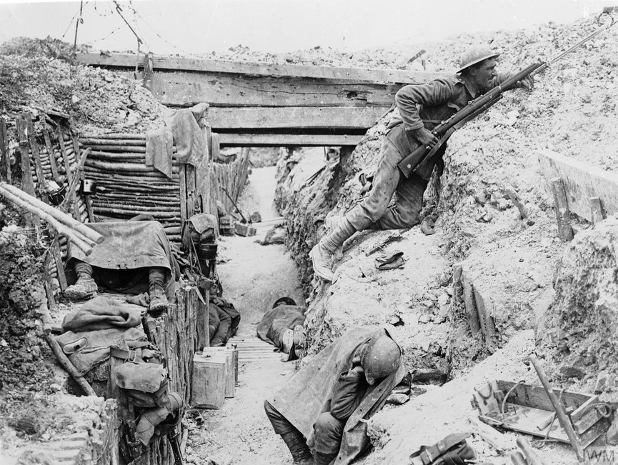 Soldiers of 'A' Company, 11th Battalion, the Cheshire Regiment, occupy a captured German trench at Ovillers-la-Boisselle on the Somme.